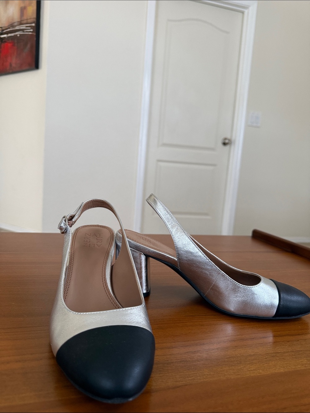 Naturalizer Silver Slingback Heels with Black Cap Toe